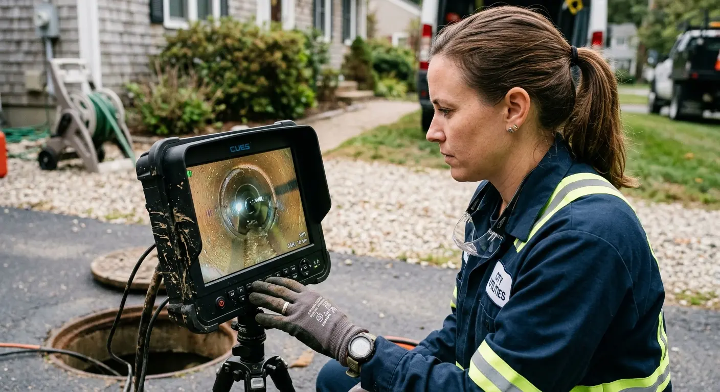 Technician reviewing sewer camera inspection footage in Manchester
